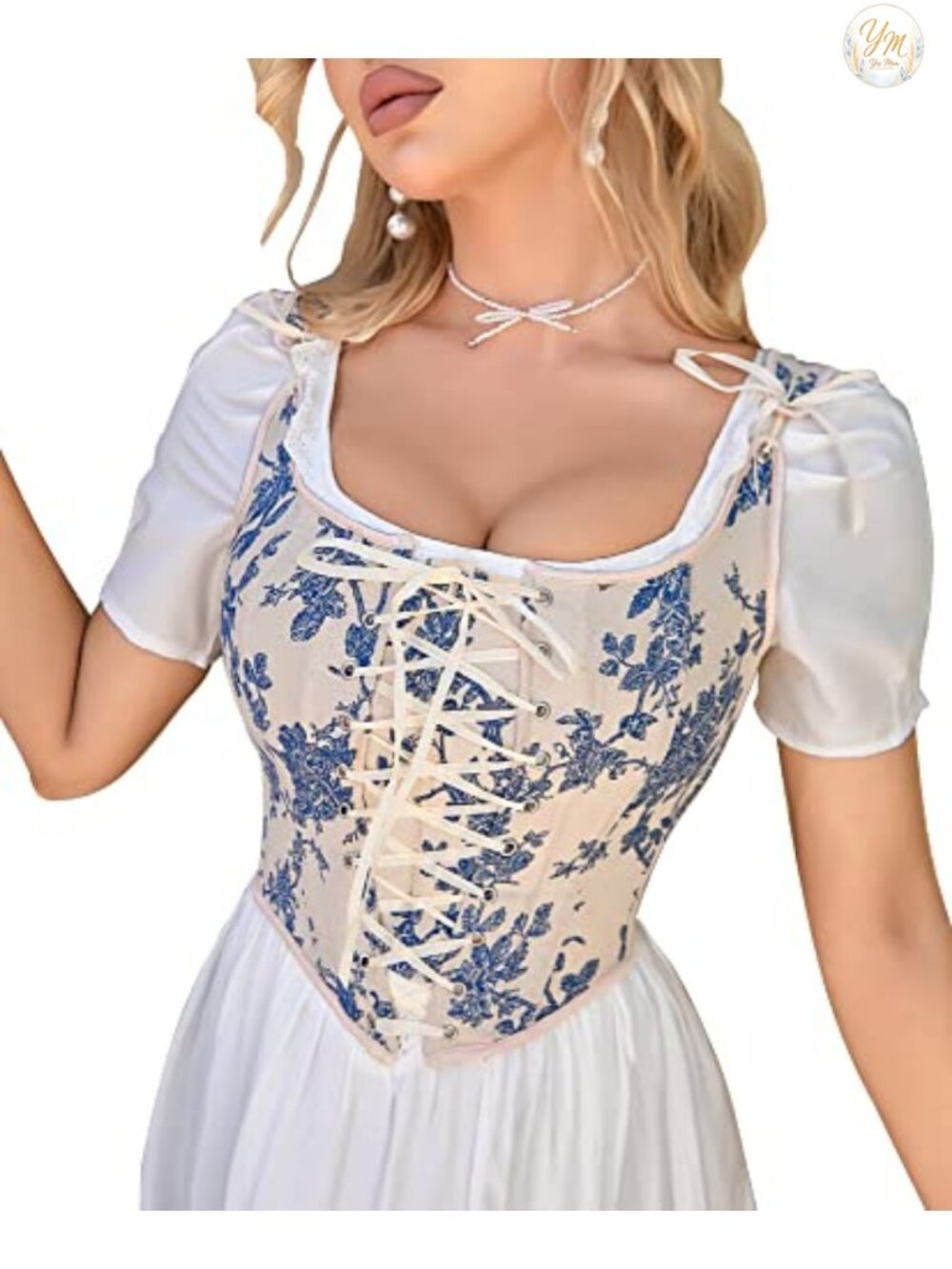 Sexy Vintage Renaissance Lace Trim Corset Bustier, Sweetheart Neck, Floral